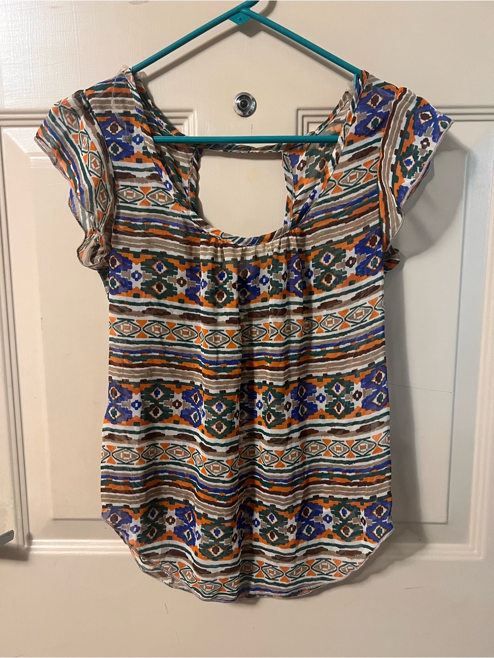 edge Multicolor Geometric Scoop Neck Top - Blue, Brown & Green